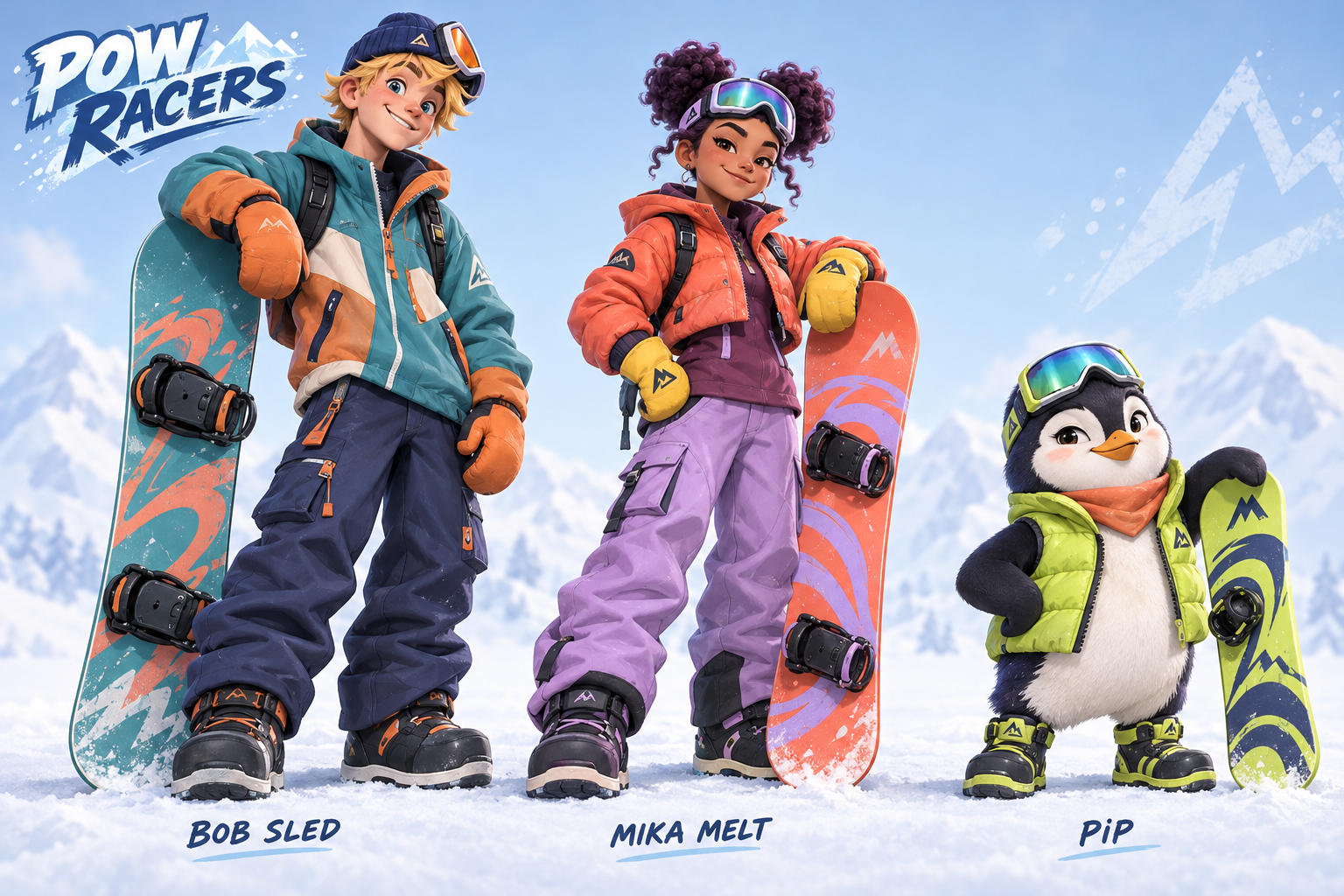 Original character concept art: Bob Sled in teal and orange with sideways goggles, Mika Melt in coral and lilac, and Pip the penguin in a lime vest, each with their own snowboard.